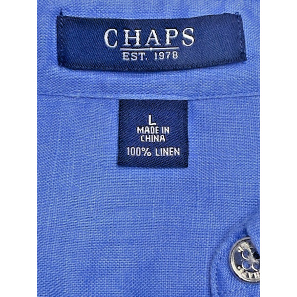 Chaps Classic 100% Linen BLUE Button Down Shirt Women LARGE Roll Tab 3/4 Sleeve - Picture 6 of 7